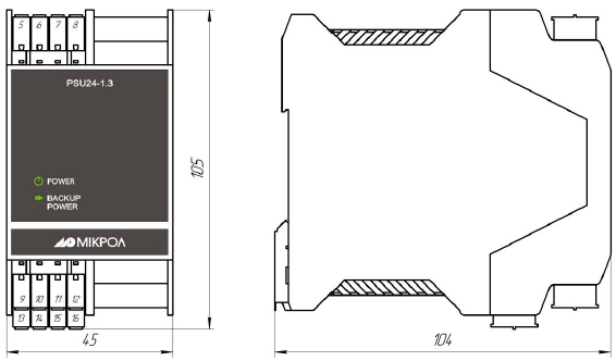 Схема габаритных размеров устройства питания PSU24-1.3