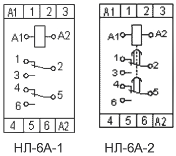 Схема подключения реле НЛ-6А-1 и НЛ-6А-2